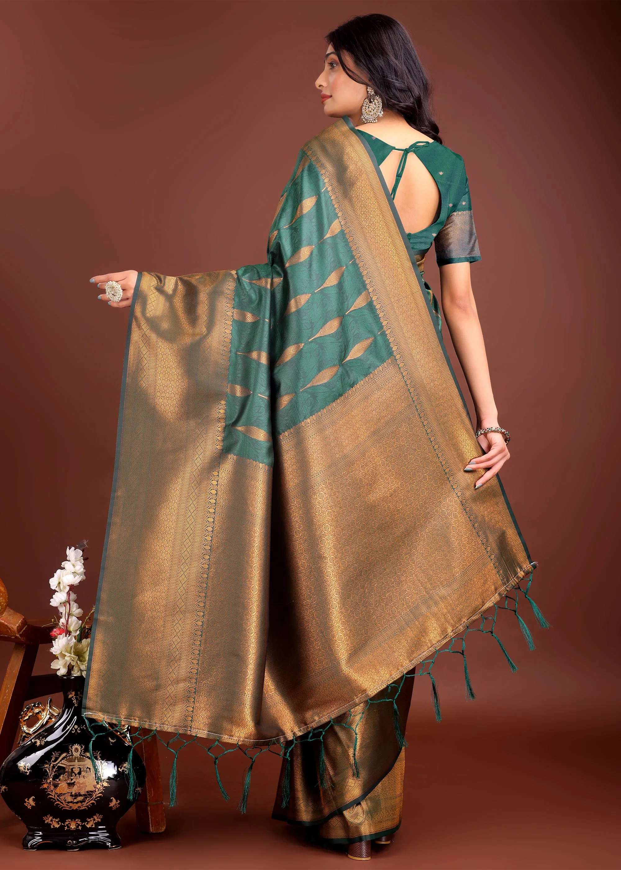 Forest Green Woven Banarasi Silk Saree