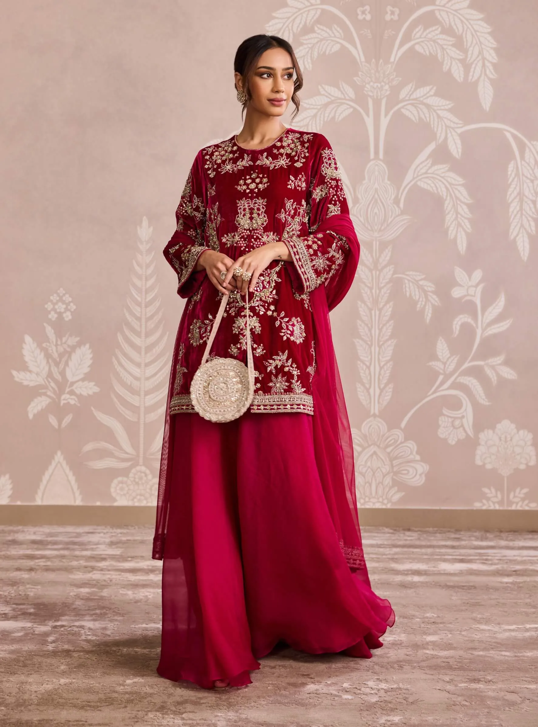 Fuchsia velvet kurta and sharara set