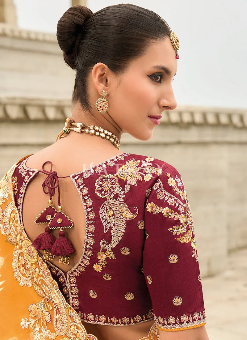 Golden Yellow And Maroon Multi Embroidery Saree