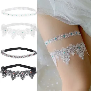 Hand-Embroidered Blue Rhinestone Lace Garter Belt for Wedding Bride, Sexy Thigh Ring & Cosplay