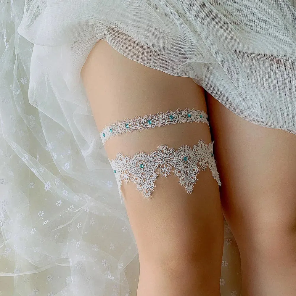 Hand-Embroidered Blue Rhinestone Lace Garter Belt for Wedding Bride, Sexy Thigh Ring & Cosplay