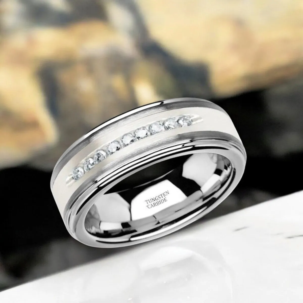 HARPER | Silver Tungsten Ring, Sterling Inlay, White Diamonds, Stepped Edge