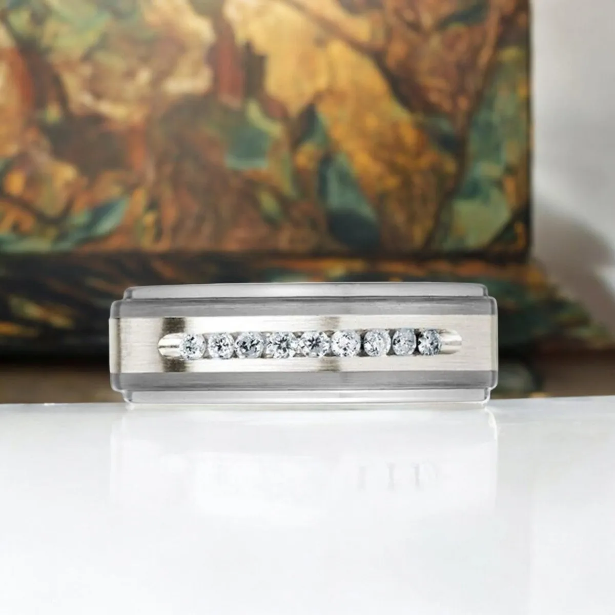 HARPER | Silver Tungsten Ring, Sterling Inlay, White Diamonds, Stepped Edge