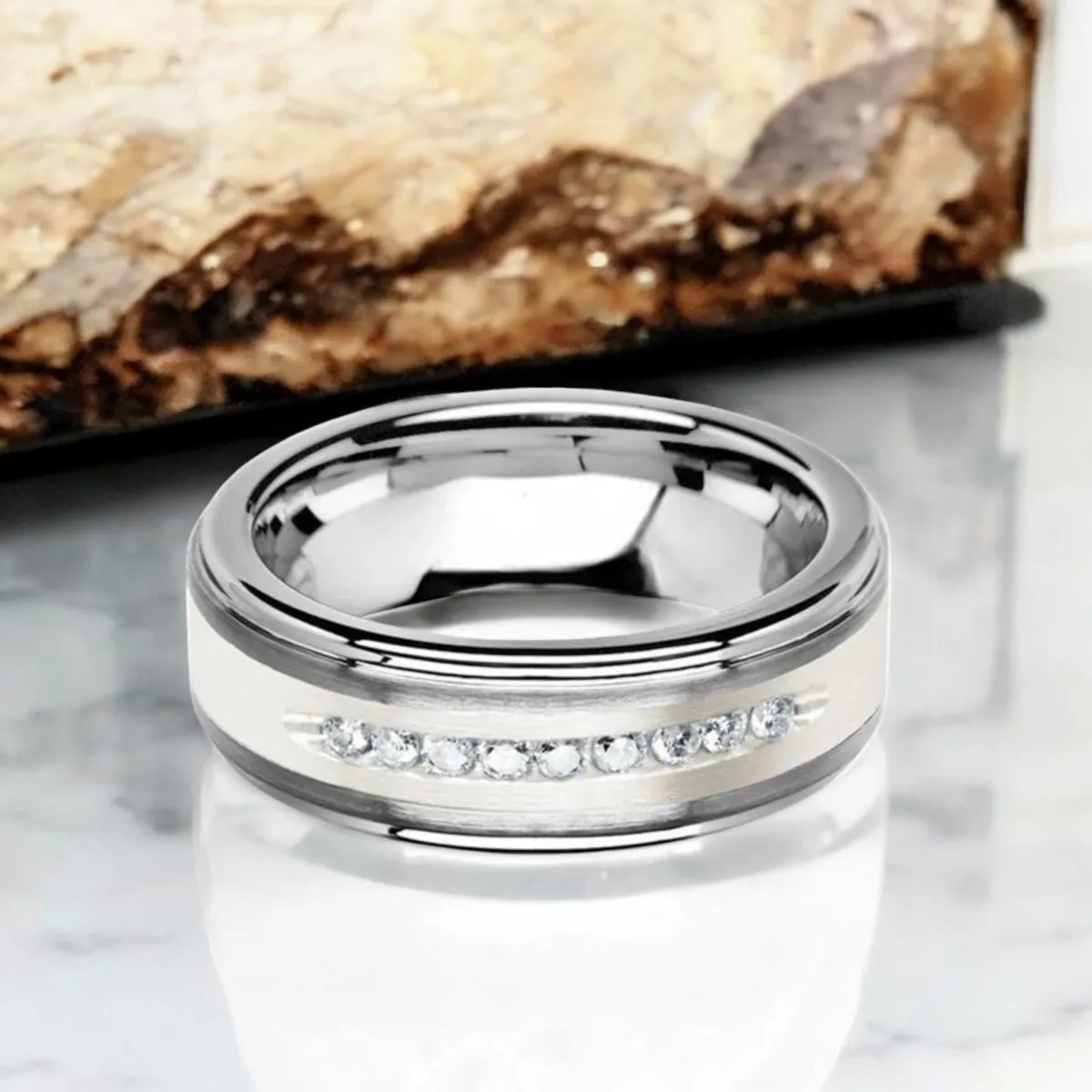 HARPER | Silver Tungsten Ring, Sterling Inlay, White Diamonds, Stepped Edge