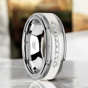 HARPER | Silver Tungsten Ring, Sterling Inlay, White Diamonds, Stepped Edge