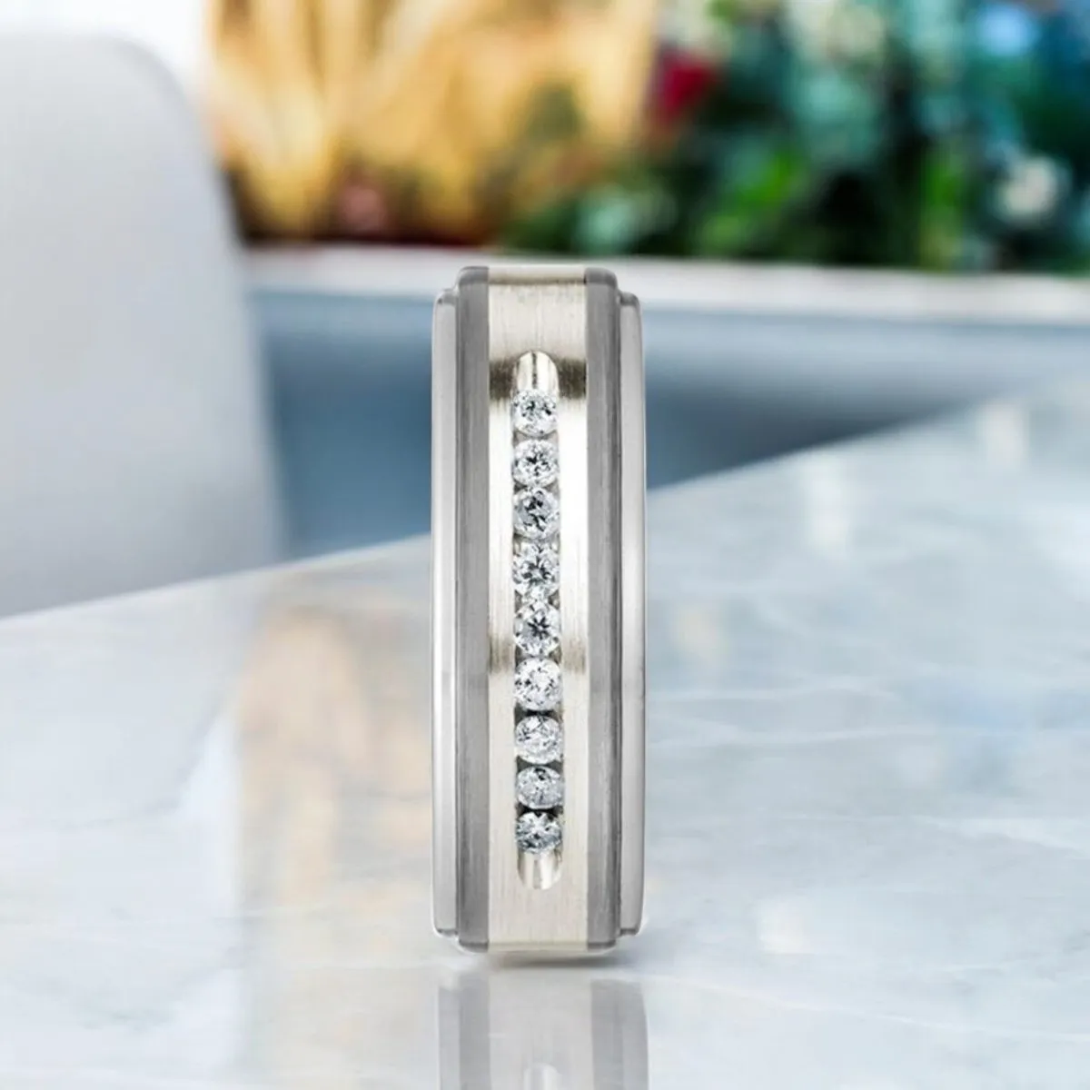 HARPER | Silver Tungsten Ring, Sterling Inlay, White Diamonds, Stepped Edge