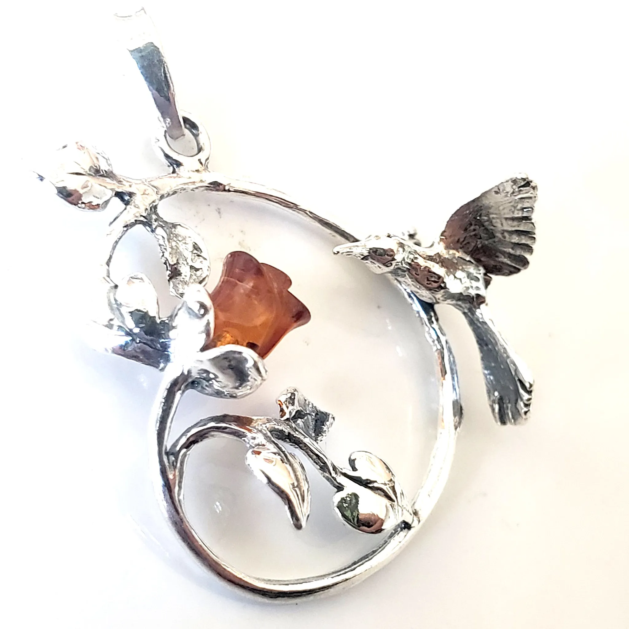 Hummingbird on Amber Rose Silver Pendant