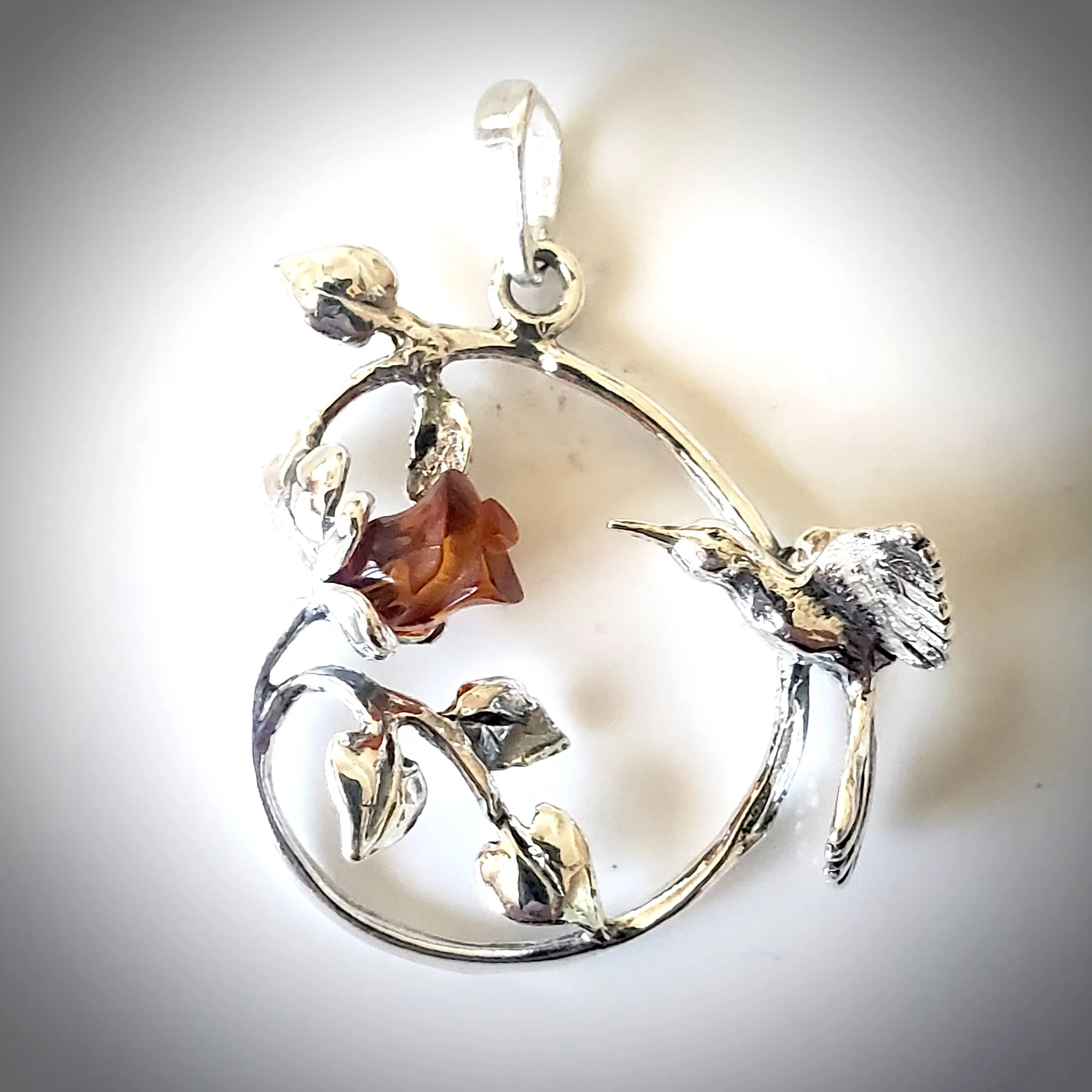 Hummingbird on Amber Rose Silver Pendant