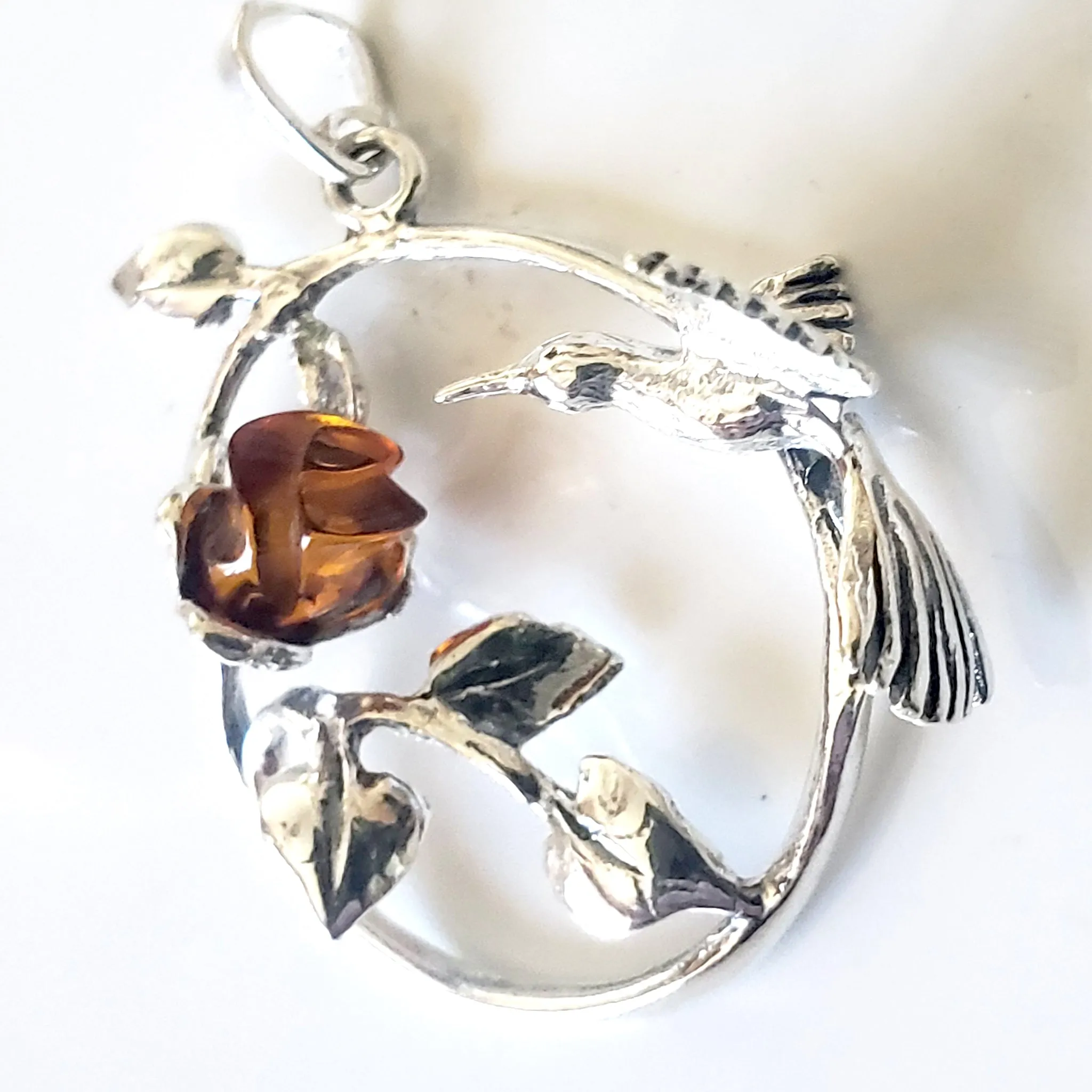 Hummingbird on Amber Rose Silver Pendant