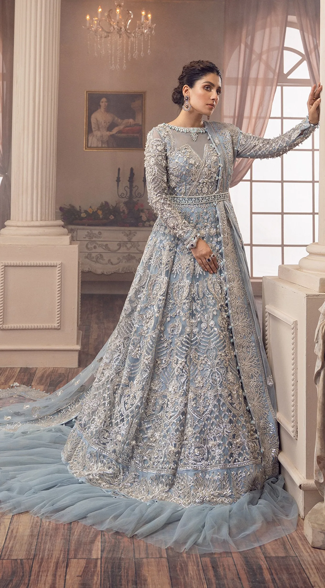 Ice Blue Lehenga Bridal Dress in Gown Style #BN1066