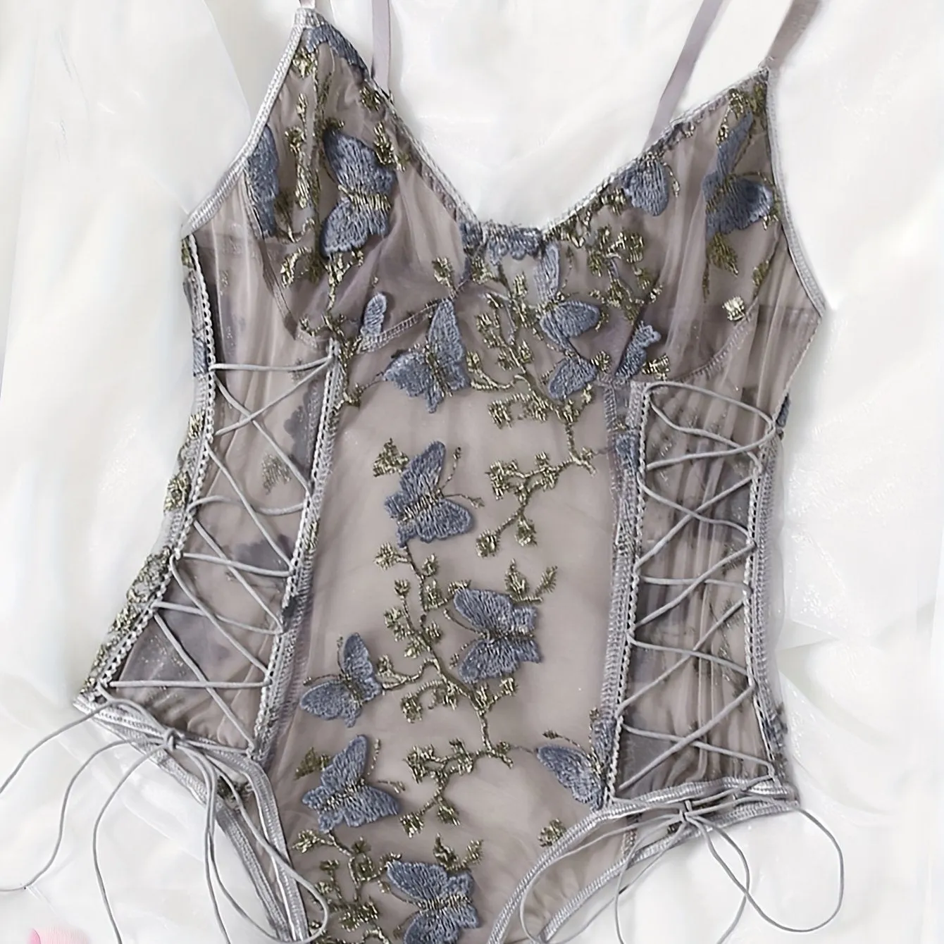 Intimate Butterfly Embroidered Strappy Teddy Bodysuit - Womens Sexy Lingerie with Deep V & Sheer Mesh