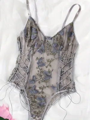 Intimate Butterfly Embroidered Strappy Teddy Bodysuit - Womens Sexy Lingerie with Deep V & Sheer Mesh