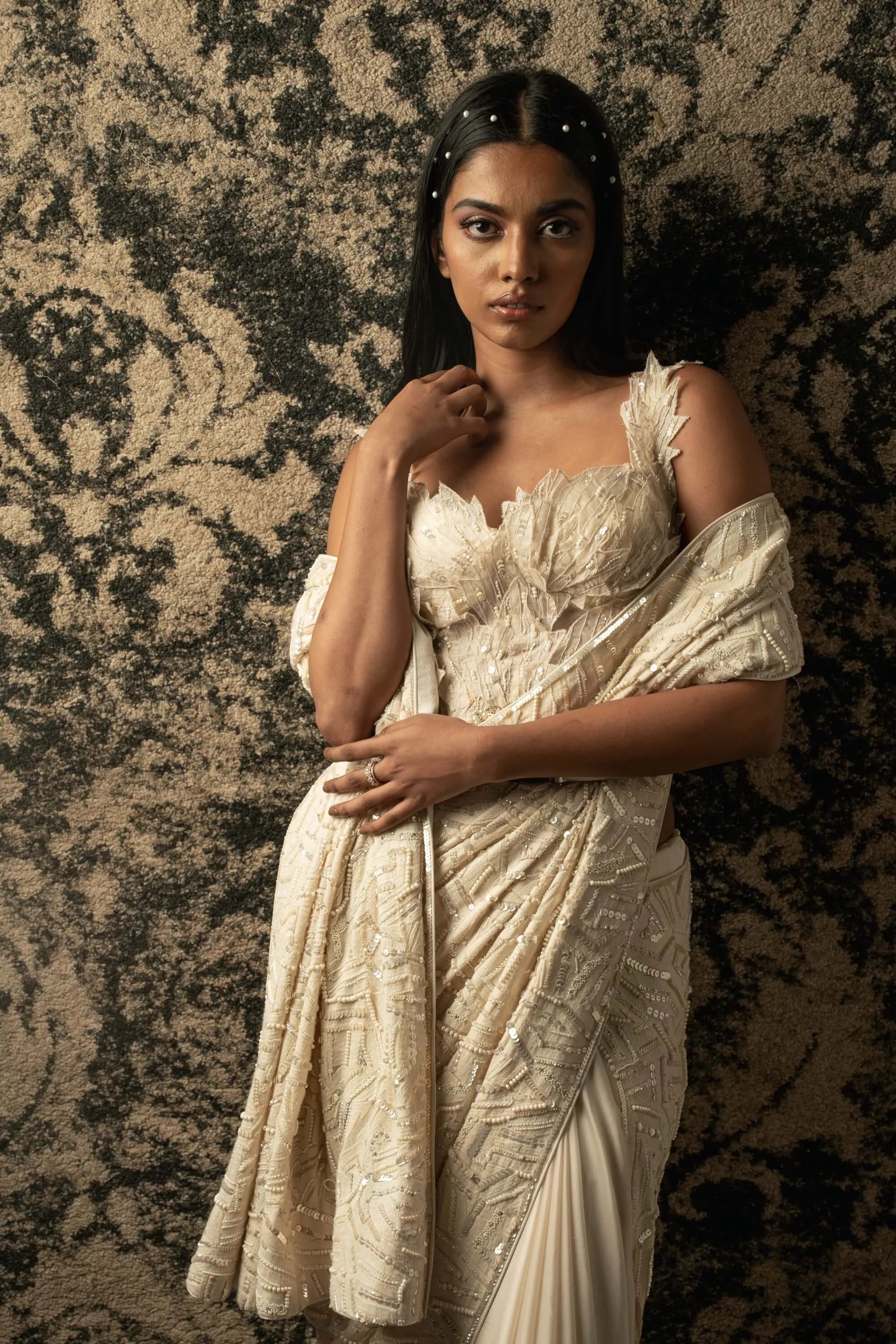 Ivory silk satin sari set