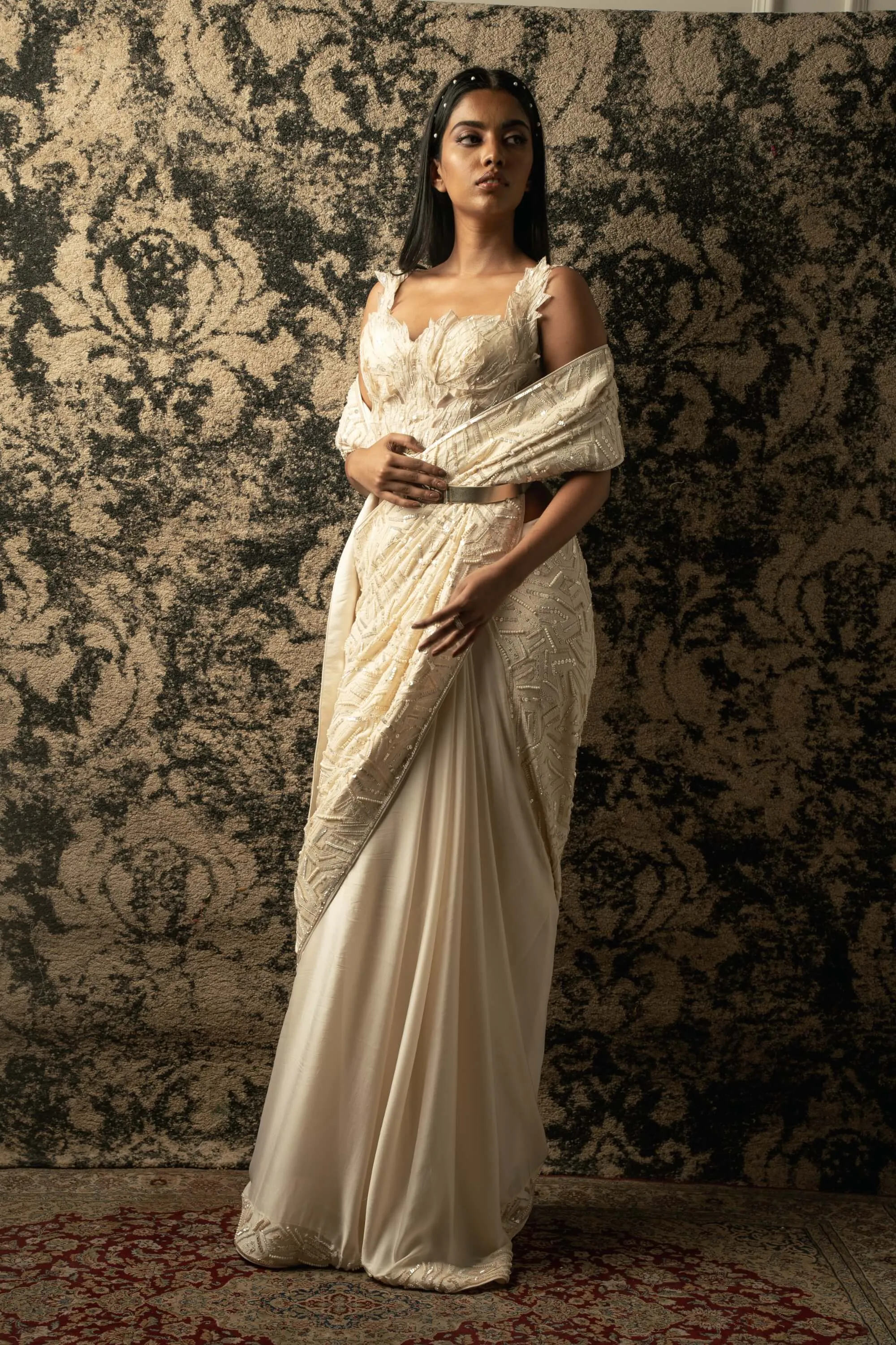 Ivory silk satin sari set