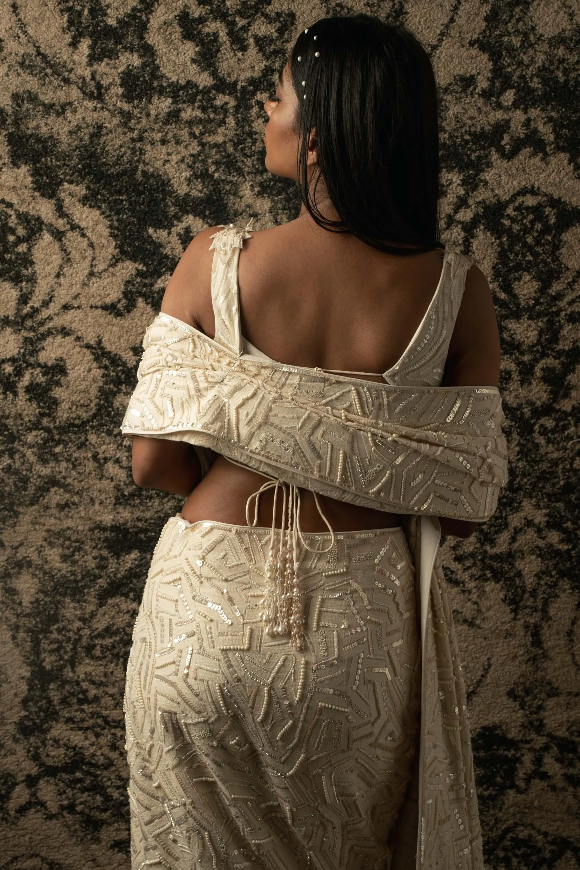 Ivory silk satin sari set