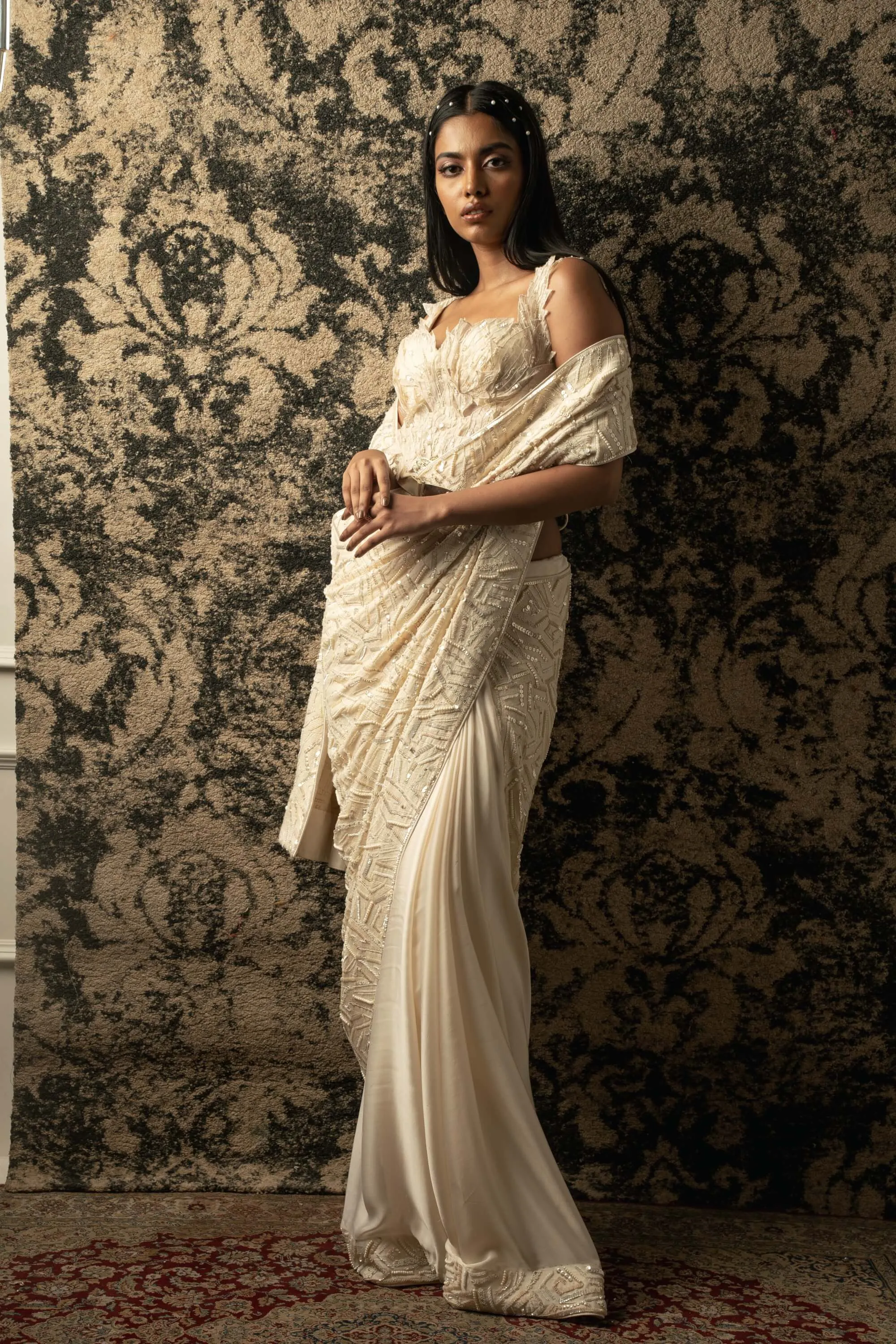 Ivory silk satin sari set