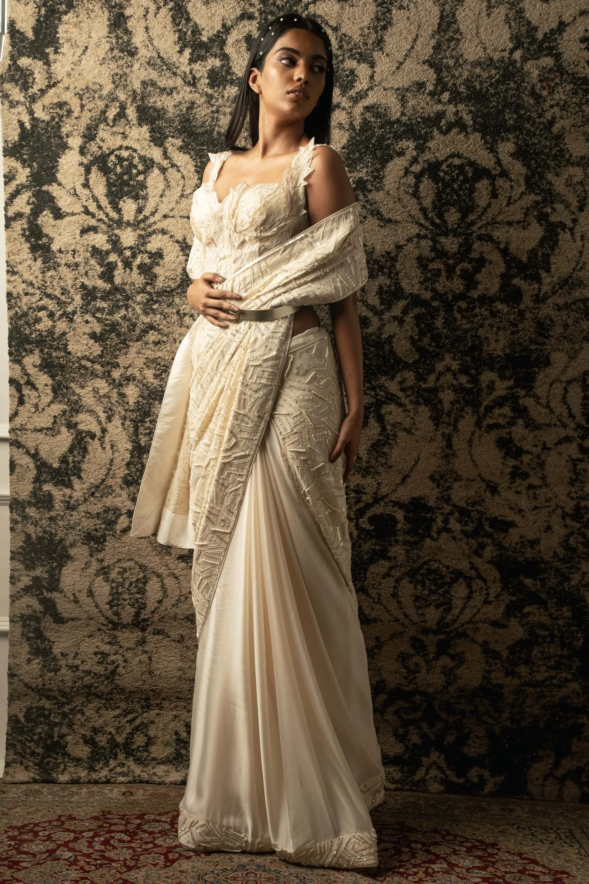Ivory silk satin sari set