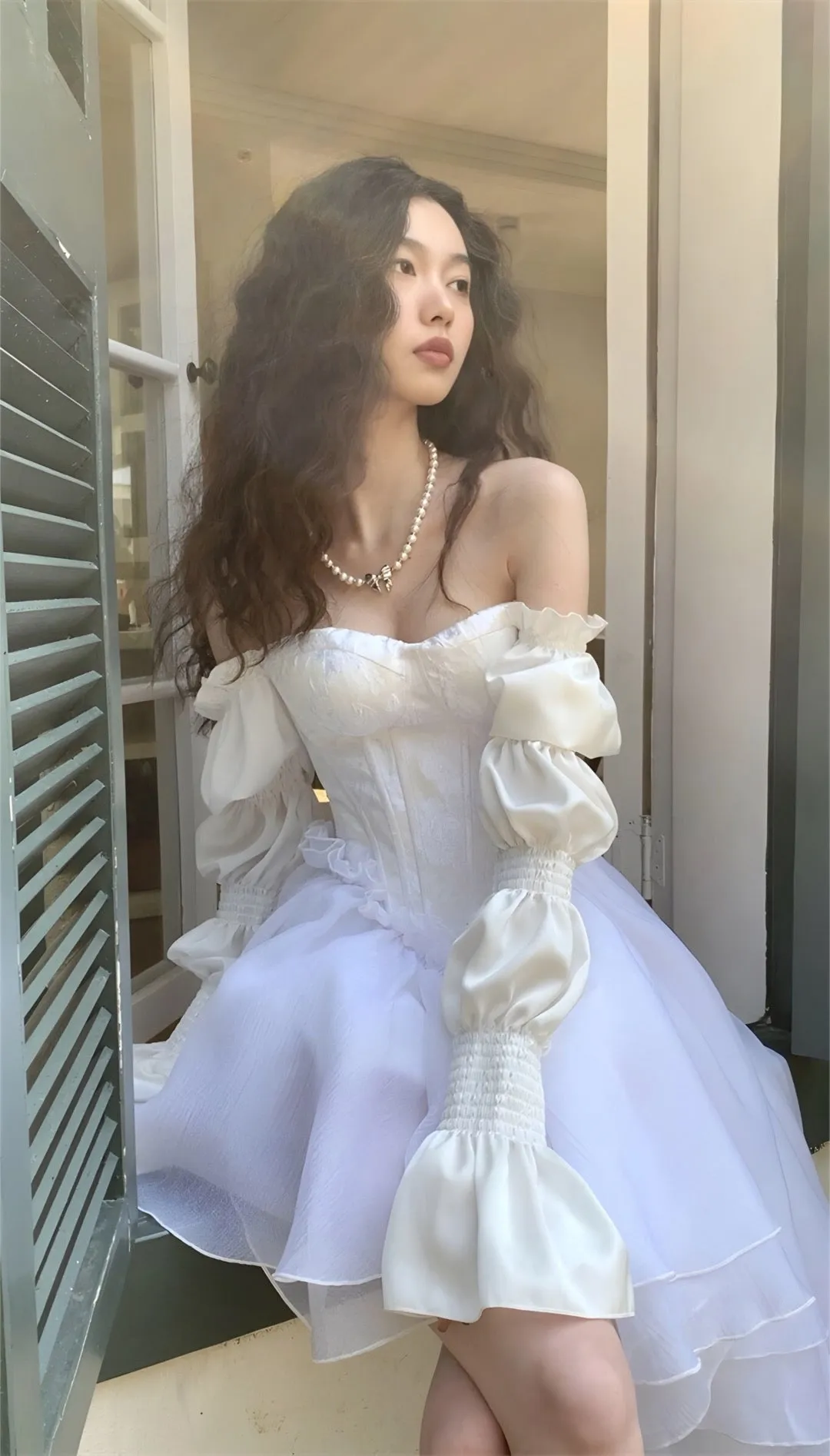 JazzHer White Marie Sleeves Asymmetric Layered Lolita Dress