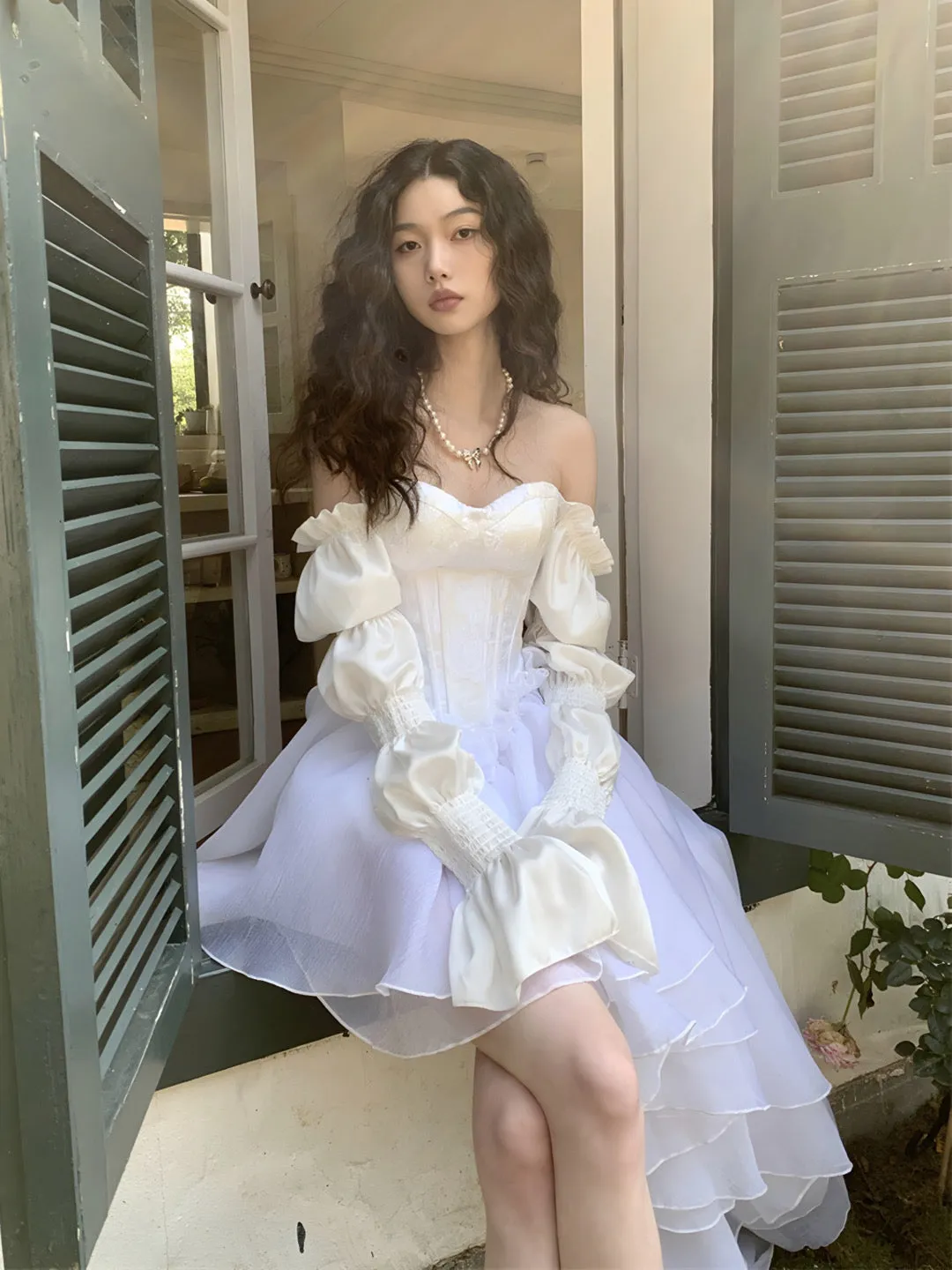 JazzHer White Marie Sleeves Asymmetric Layered Lolita Dress