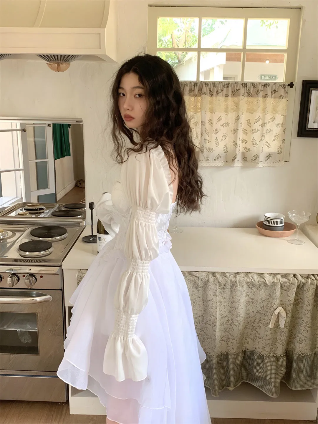 JazzHer White Marie Sleeves Asymmetric Layered Lolita Dress