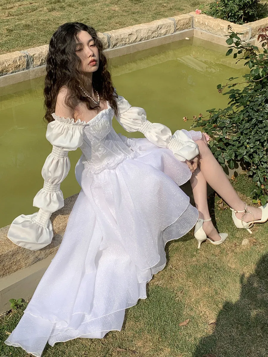 JazzHer White Marie Sleeves Asymmetric Layered Lolita Dress