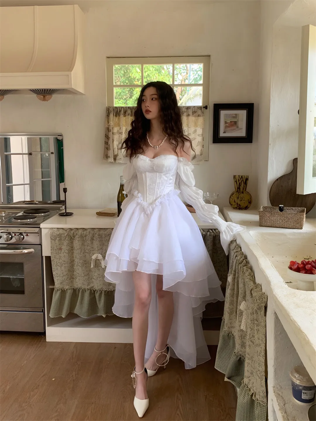 JazzHer White Marie Sleeves Asymmetric Layered Lolita Dress