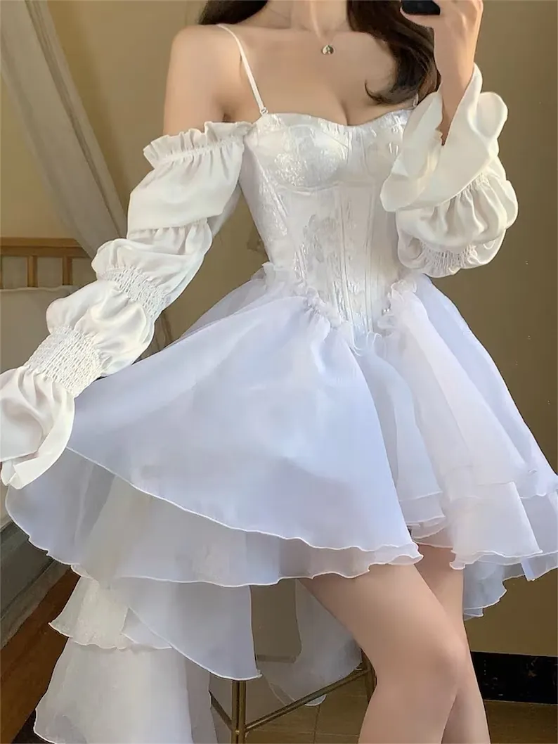 JazzHer White Marie Sleeves Asymmetric Layered Lolita Dress