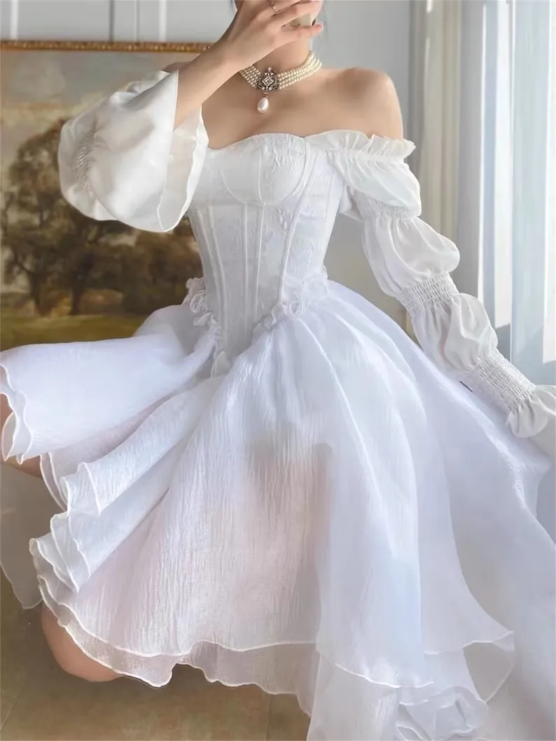 JazzHer White Marie Sleeves Asymmetric Layered Lolita Dress