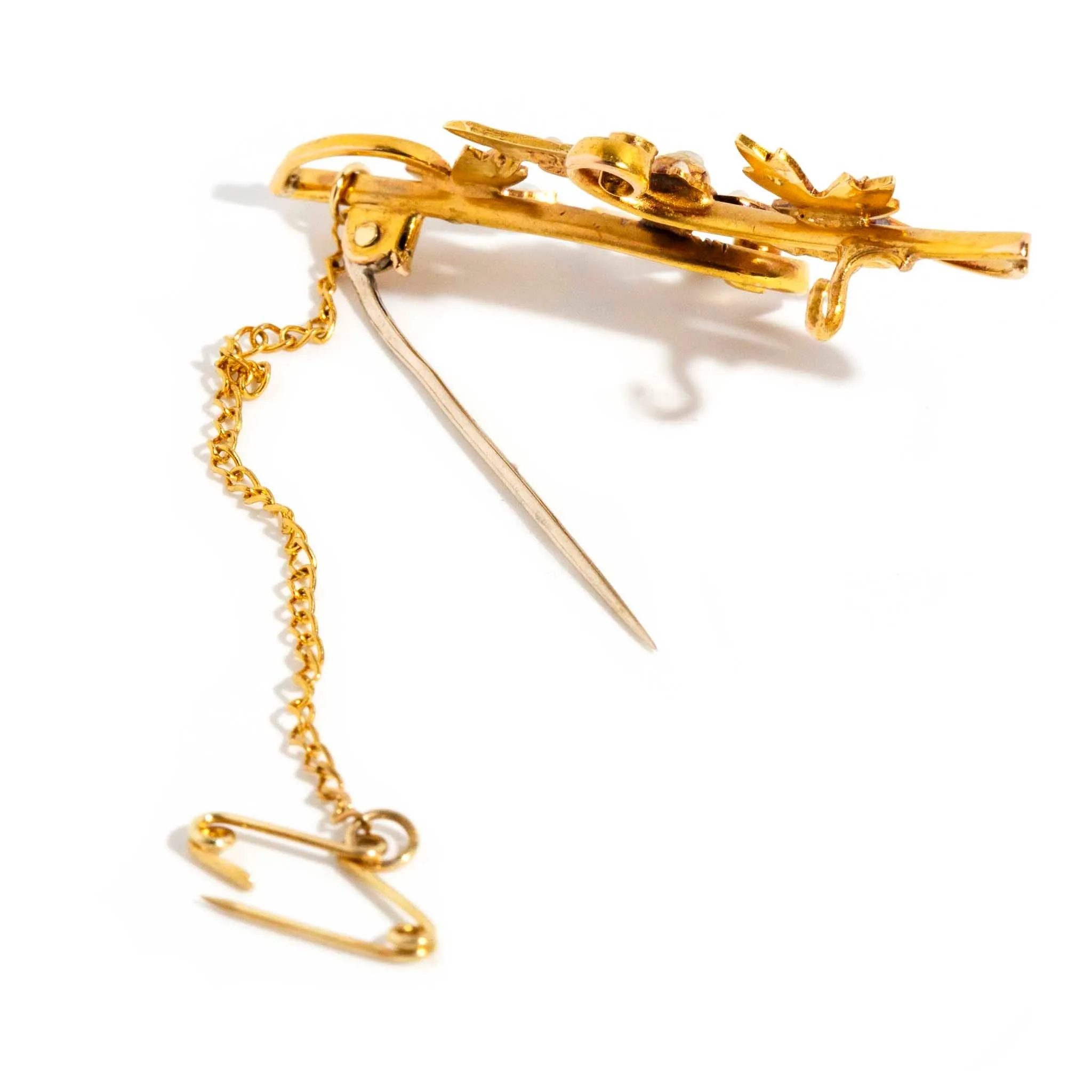 Juliet Victorian Swallow Seed Pearl Brooch 15ct Gold 9ct Chain