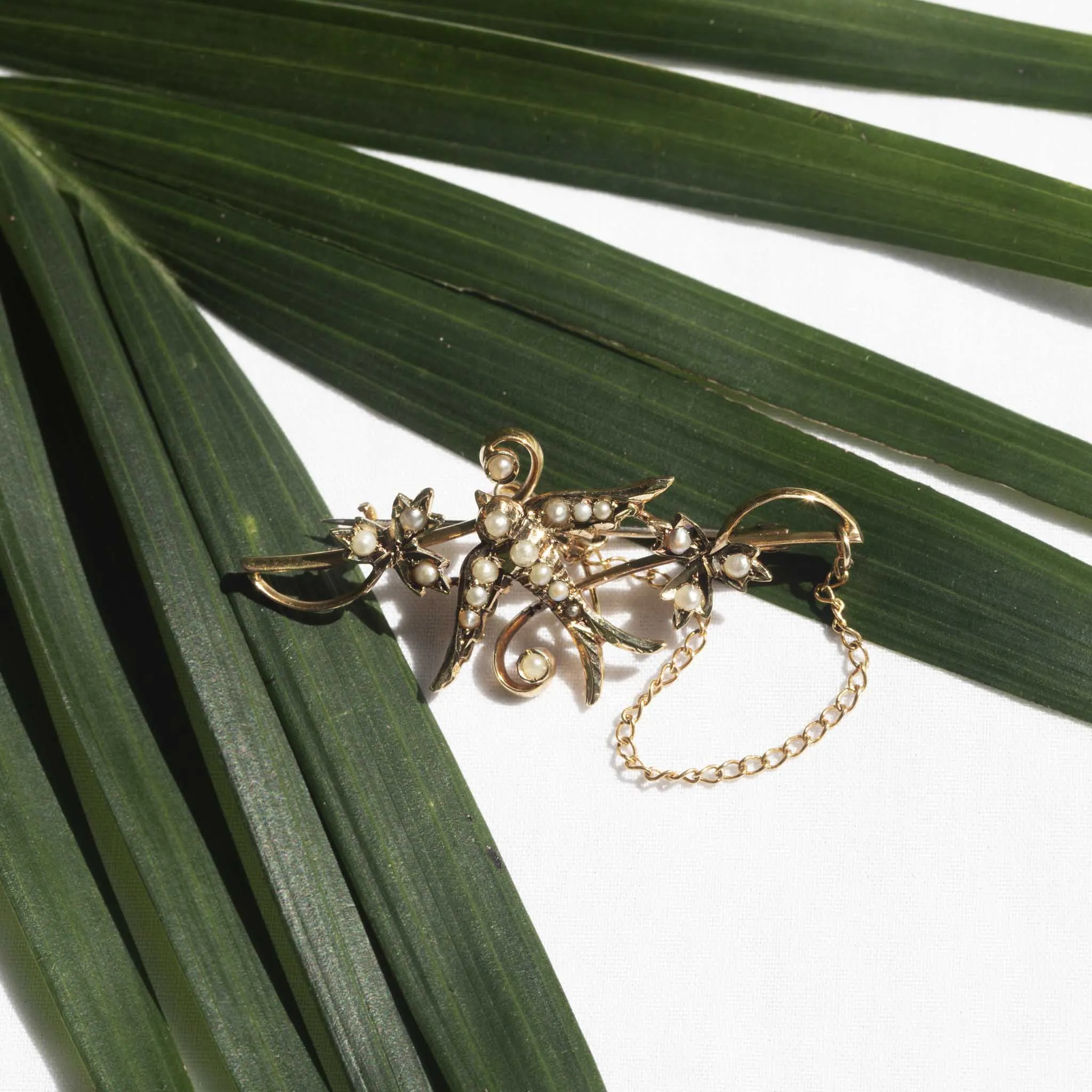 Juliet Victorian Swallow Seed Pearl Brooch 15ct Gold 9ct Chain