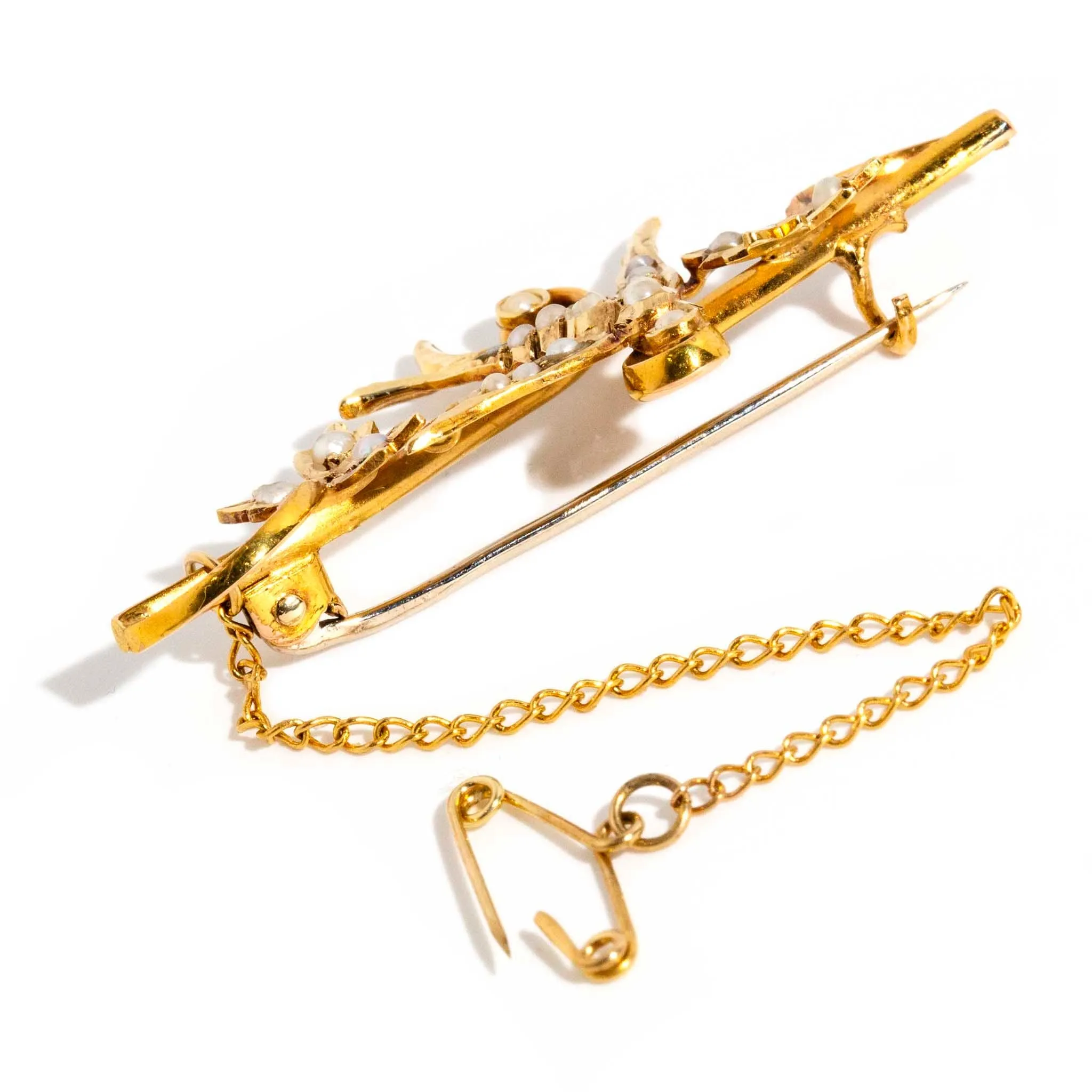 Juliet Victorian Swallow Seed Pearl Brooch 15ct Gold 9ct Chain