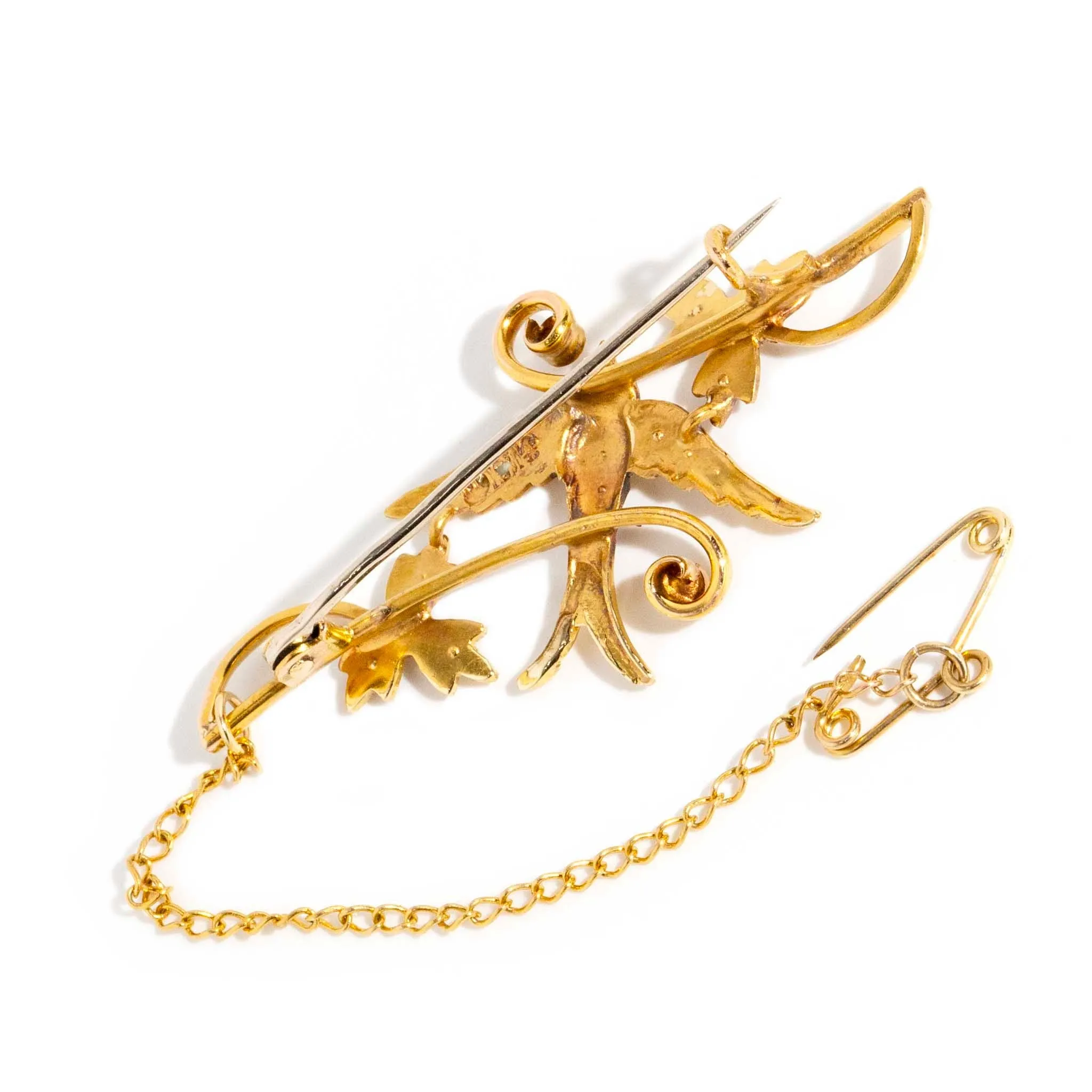 Juliet Victorian Swallow Seed Pearl Brooch 15ct Gold 9ct Chain