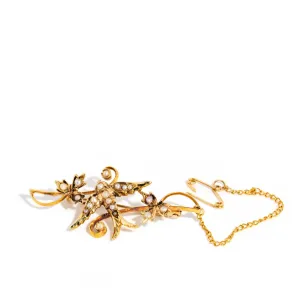 Juliet Victorian Swallow Seed Pearl Brooch 15ct Gold 9ct Chain