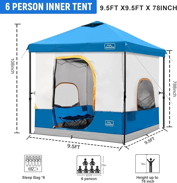 KAMPKEEPER 6 Person Camping Tent, 10x10 Pop Up Canopy Tent with Camping Cube, Converts 10'x10' Straight Leg Canopy into Camping Inner Tent–Fully Vented Roof(Canopy & Frame Included)