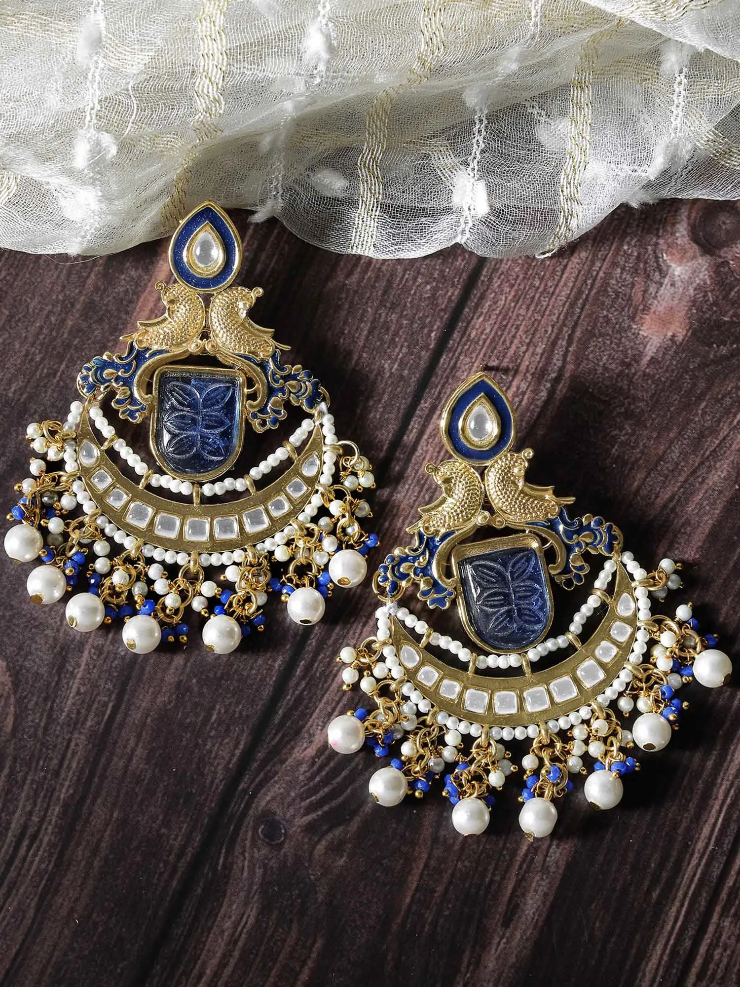 Karatcart Gold Plated Blue Carved Stone Kundan Dangler Earrings for Women