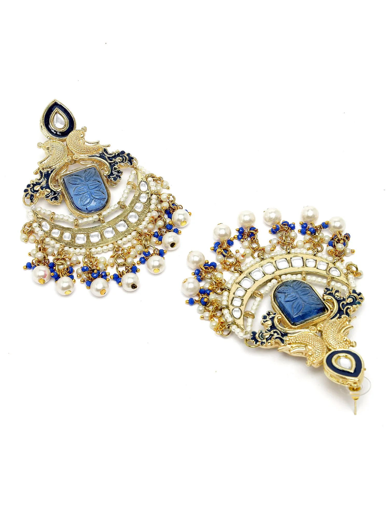 Karatcart Gold Plated Blue Carved Stone Kundan Dangler Earrings for Women