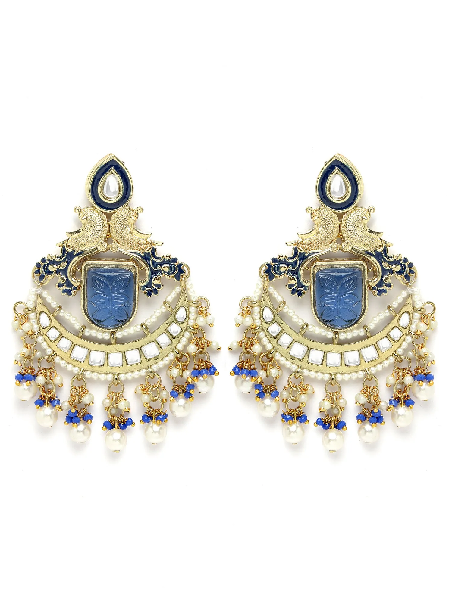 Karatcart Gold Plated Blue Carved Stone Kundan Dangler Earrings for Women