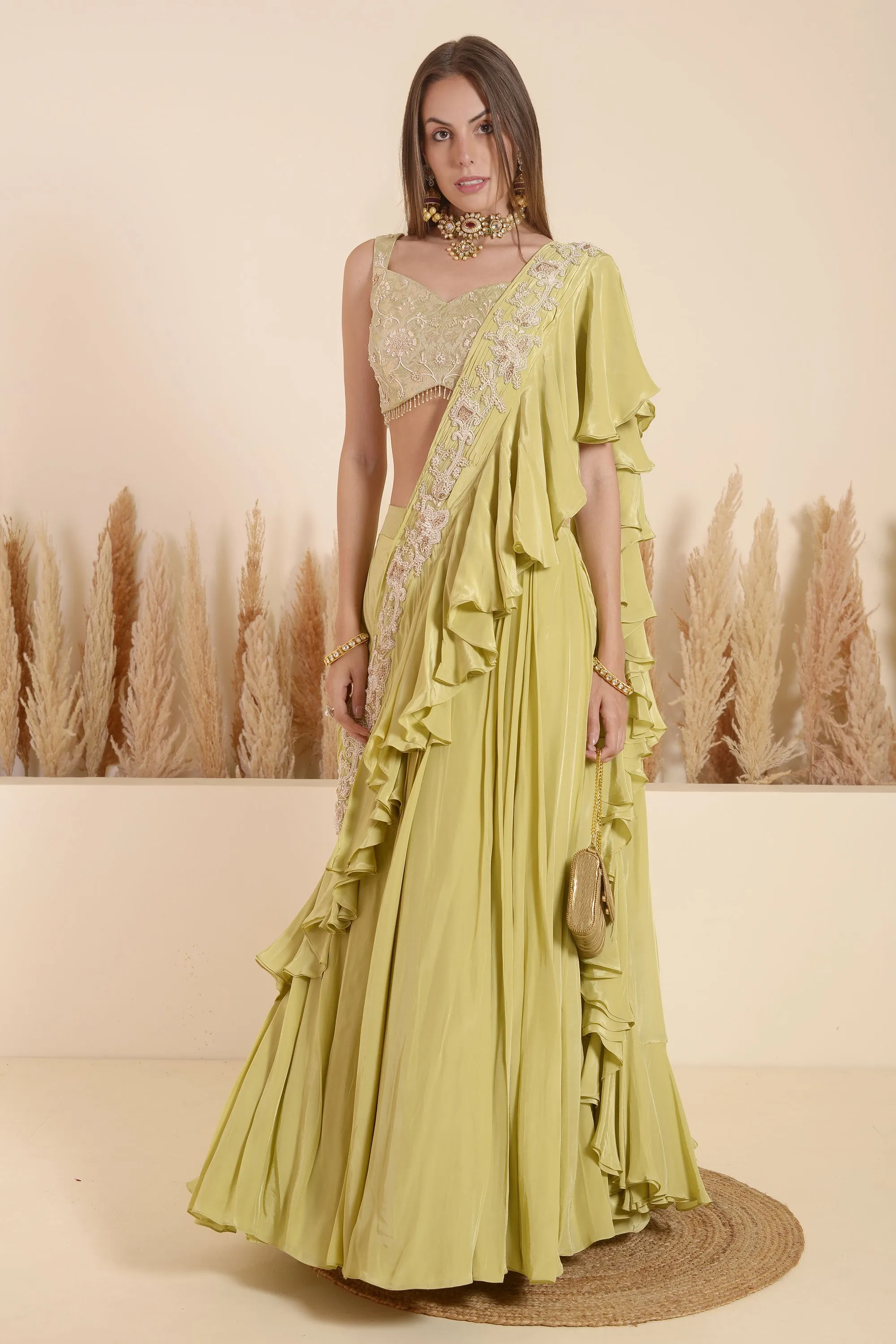 KHAKHI GREEN DRAPE EMBROIDERED SAREE
