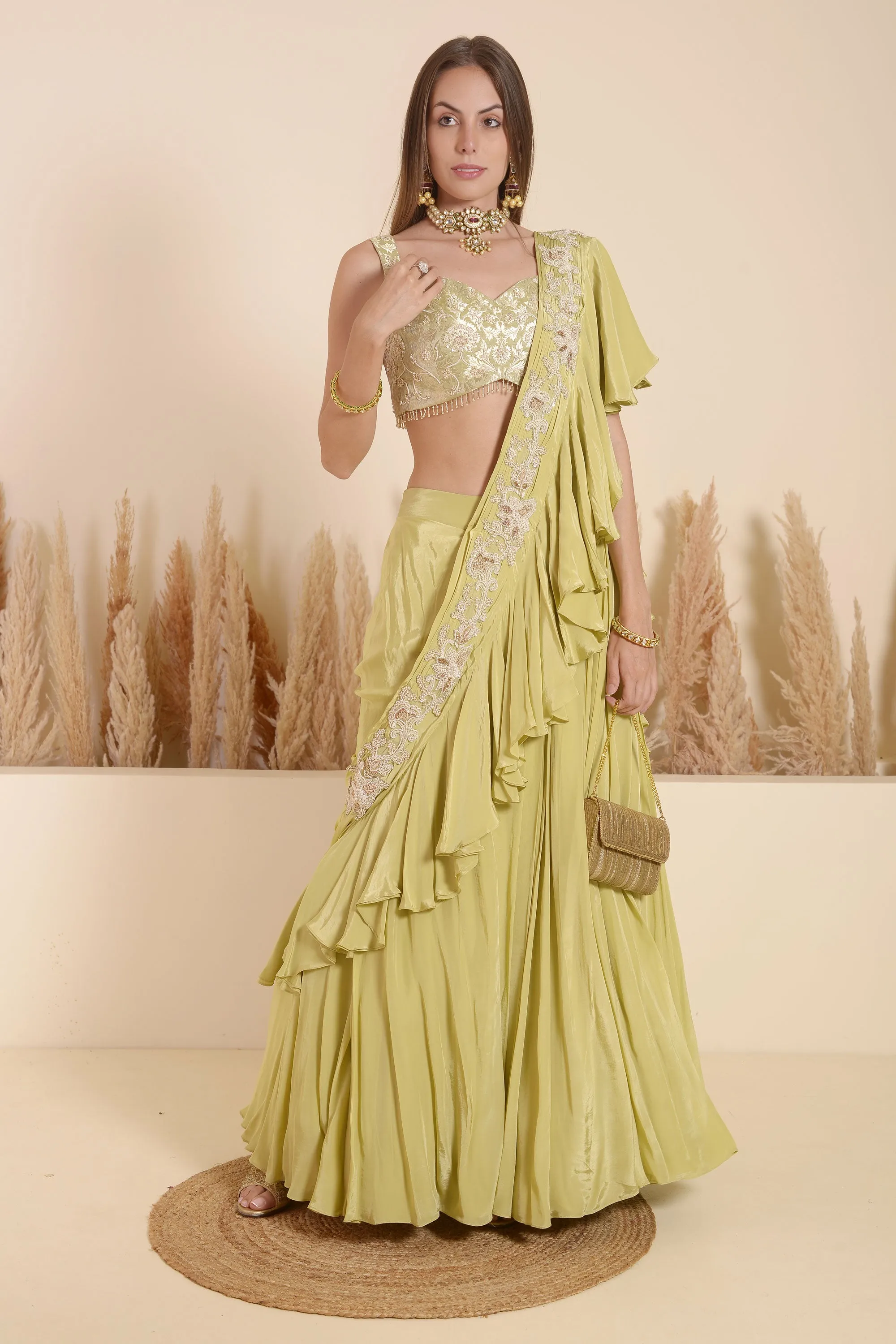KHAKHI GREEN DRAPE EMBROIDERED SAREE