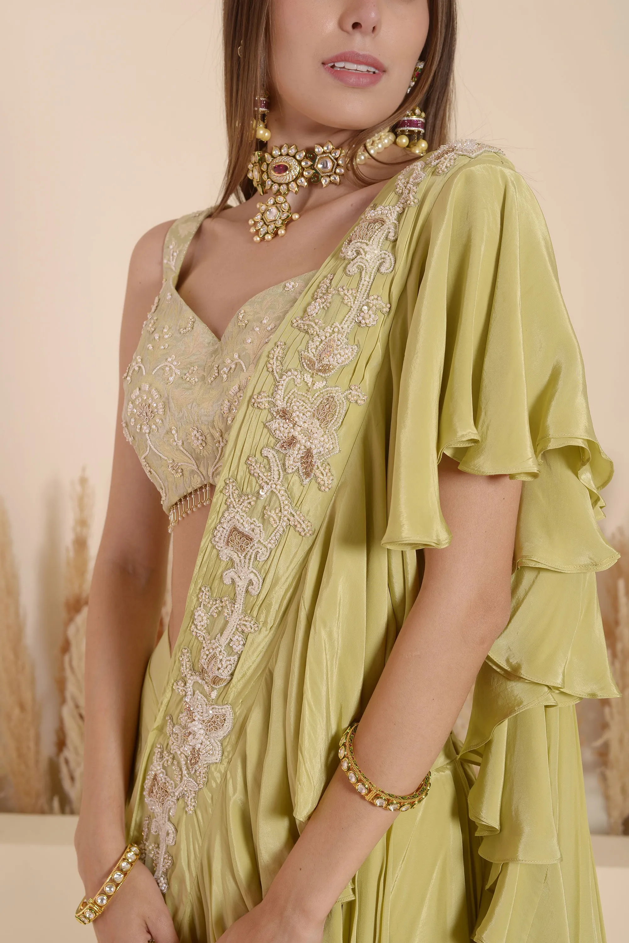KHAKHI GREEN DRAPE EMBROIDERED SAREE