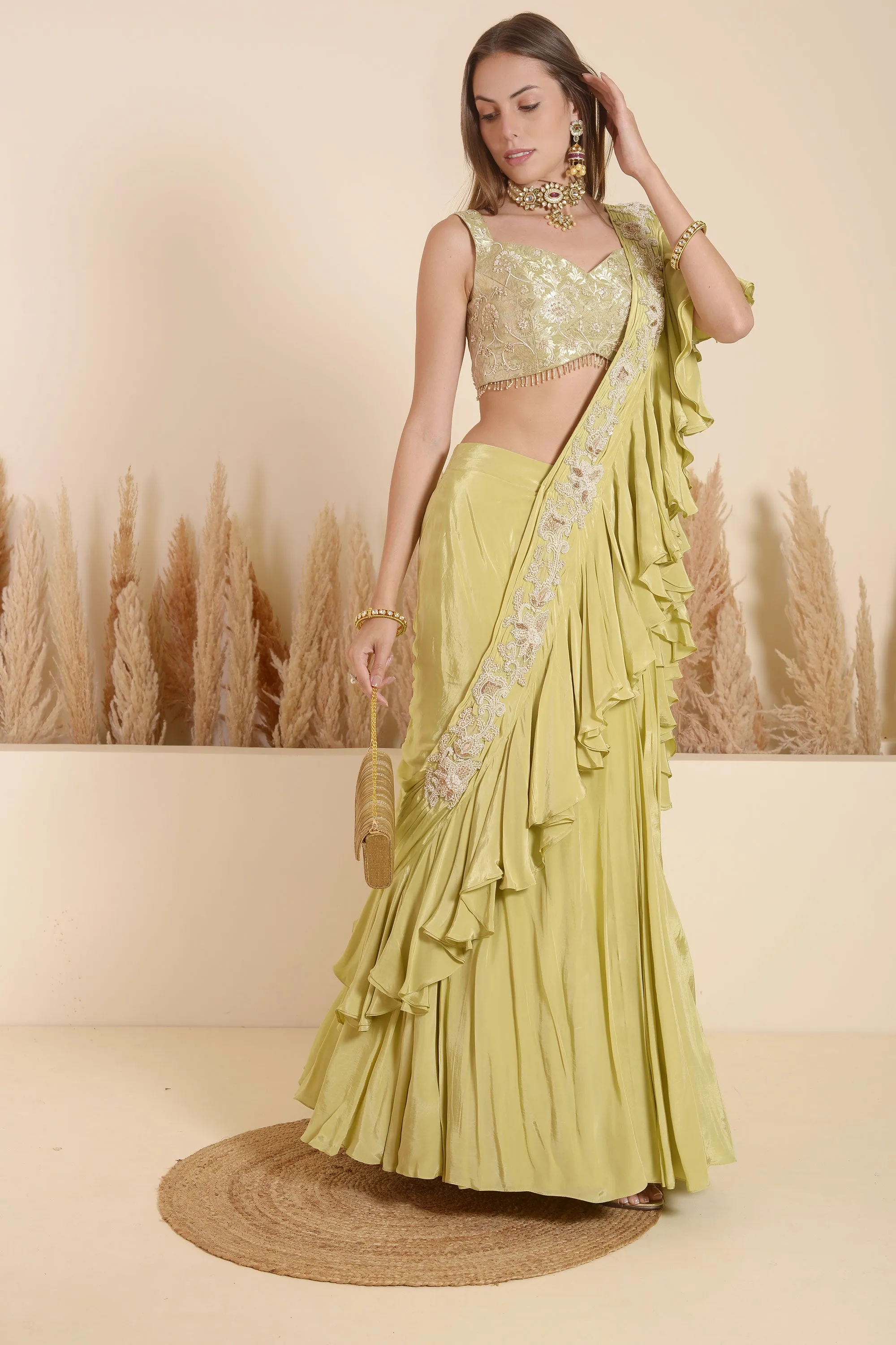 KHAKHI GREEN DRAPE EMBROIDERED SAREE