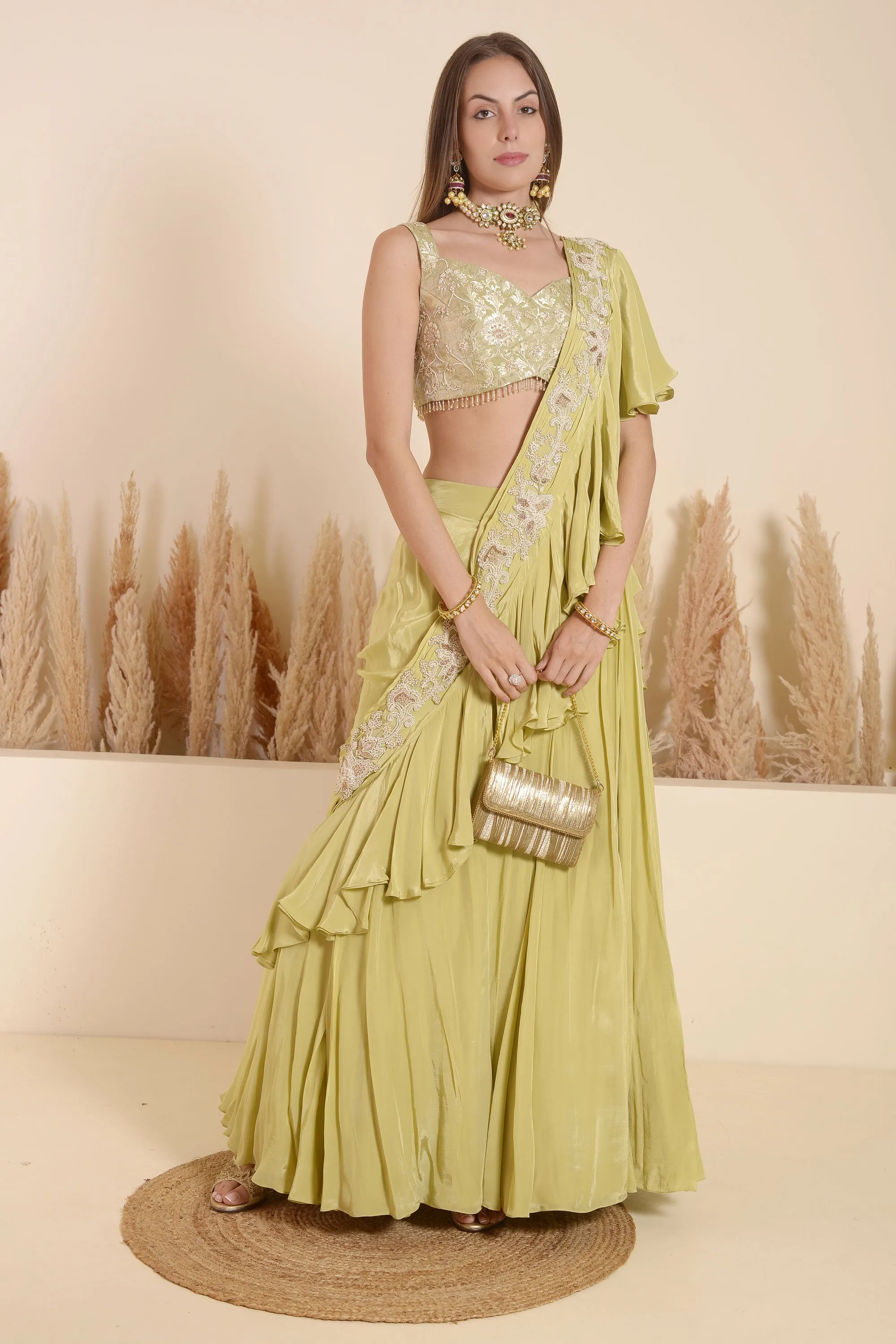 KHAKHI GREEN DRAPE EMBROIDERED SAREE