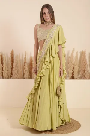 KHAKHI GREEN DRAPE EMBROIDERED SAREE