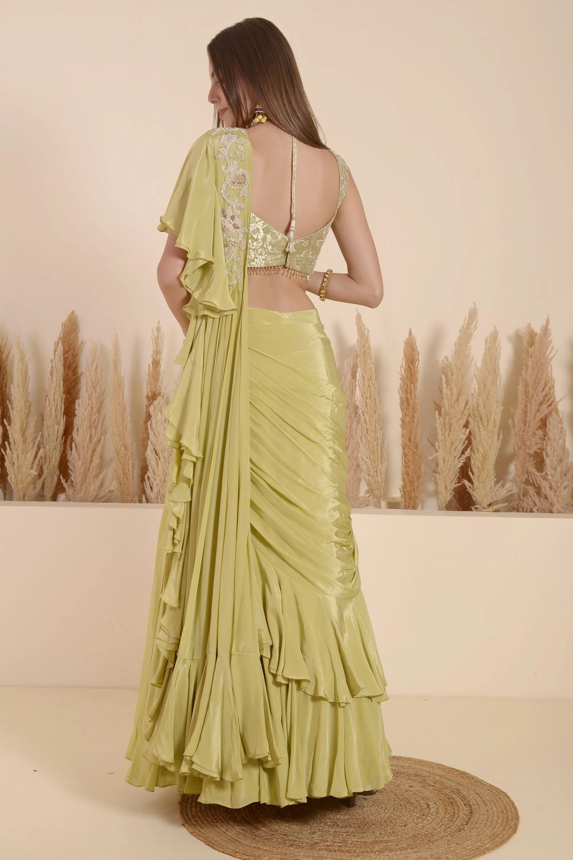 KHAKHI GREEN DRAPE EMBROIDERED SAREE