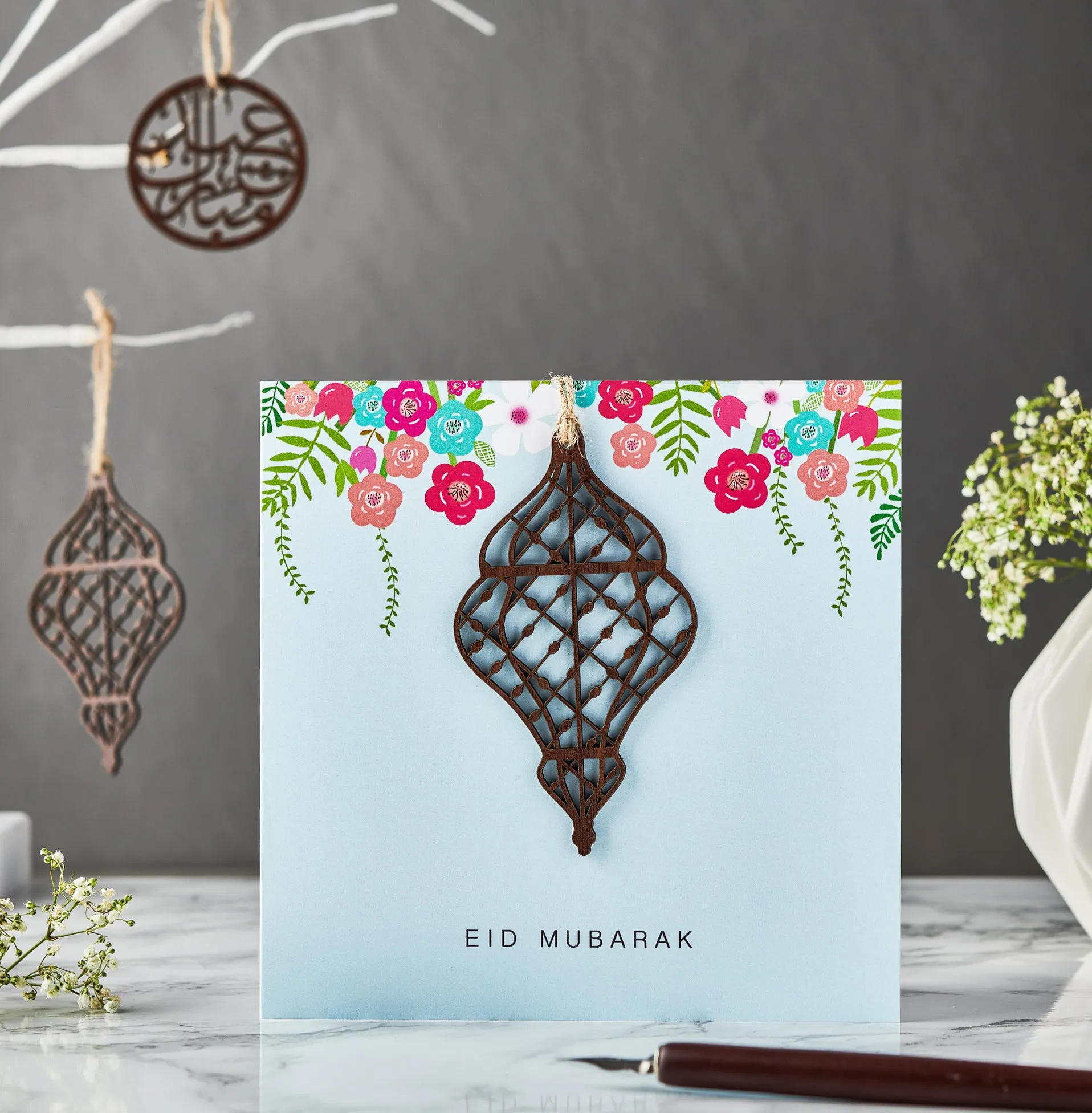 Laser Cut Wooden Lantern Eid Mubarak Card - Blue - PR 05