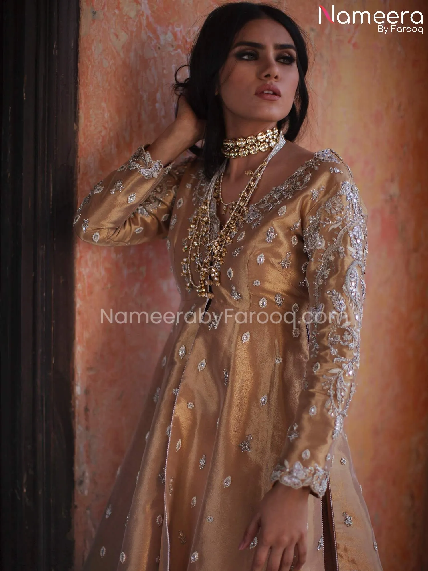 Latest Golden Kameez with Ivory Lehenga Online #BS198