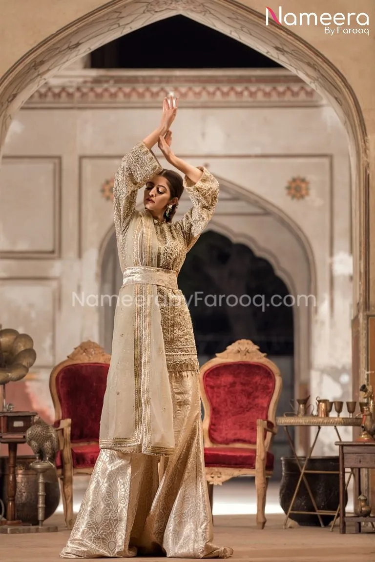 Latest Pakistani Sharara Dress for Bride in Gold #BS89