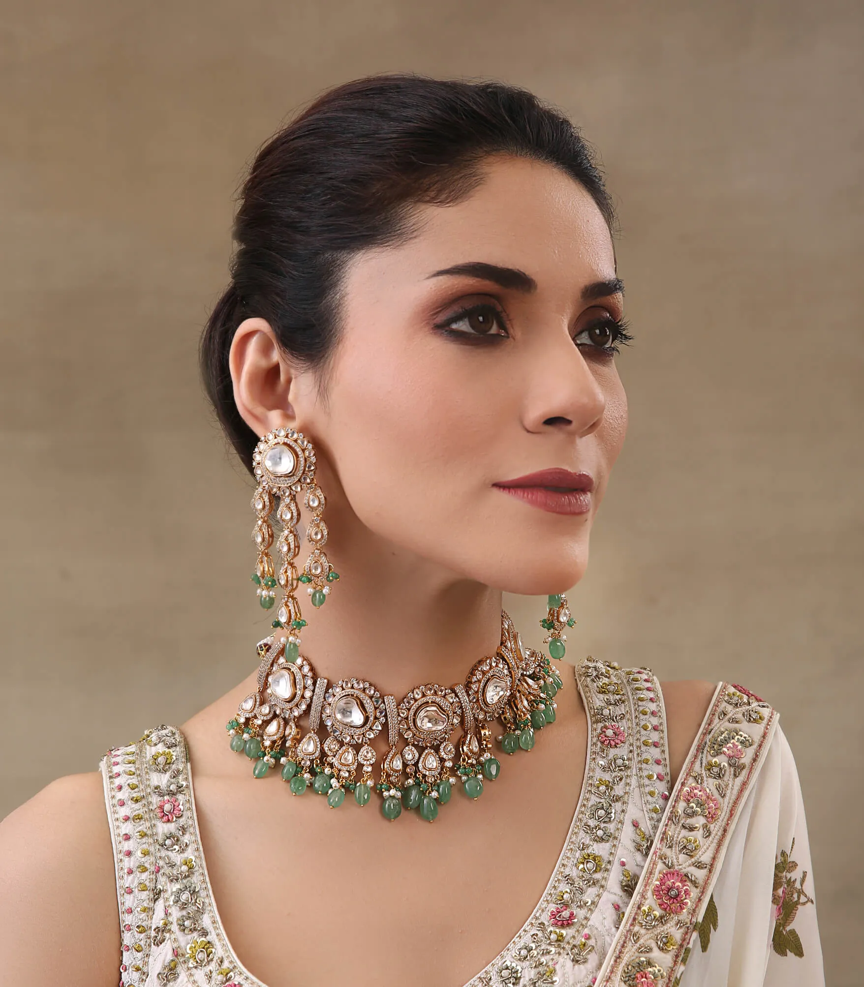Lavanya antique green polki necklace set
