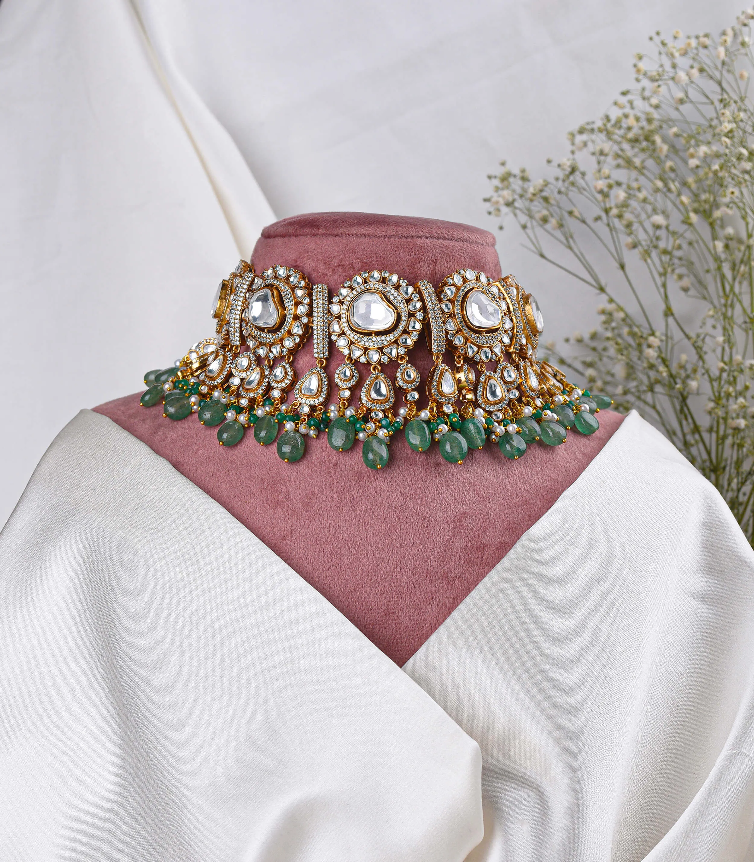 Lavanya antique green polki necklace set