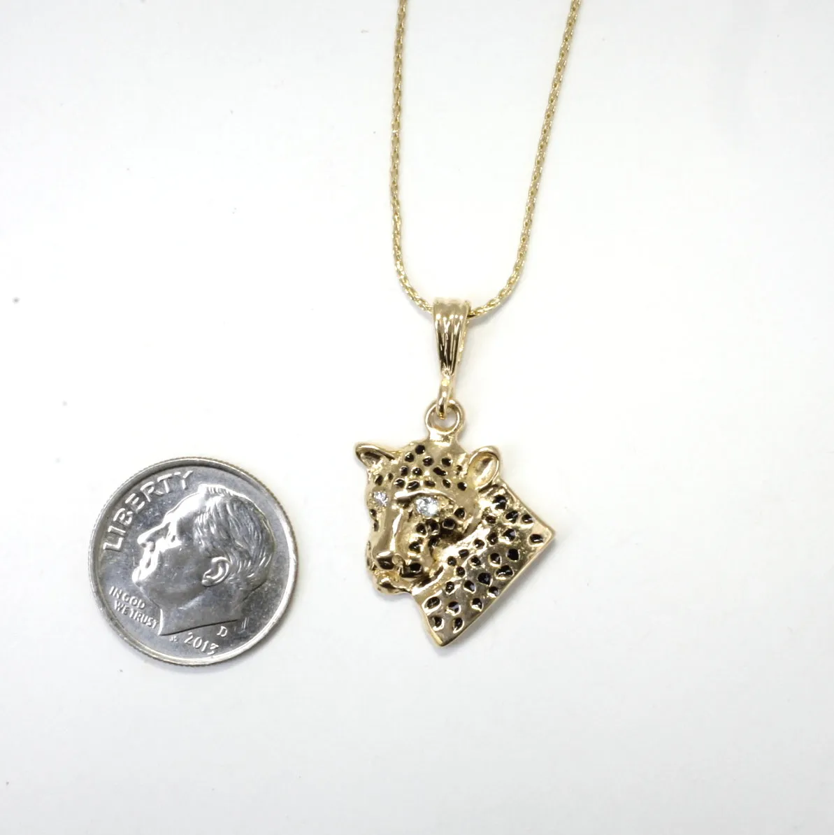 Leopard Head Necklace Facing Sideways with Diamond Eyes 14kt Gold